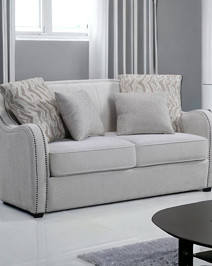 63" Beige And Black Linen Curved Loveseat and Toss Pillows