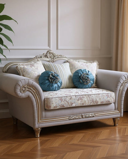 76" Light Gray And Platinum Linen Loveseat and Toss Pillows