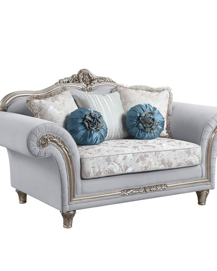 76" Light Gray And Platinum Linen Loveseat and Toss Pillows
