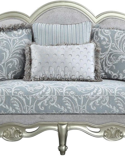 66" Light Gray And Champagne Linen Damask Loveseat and Toss Pillows