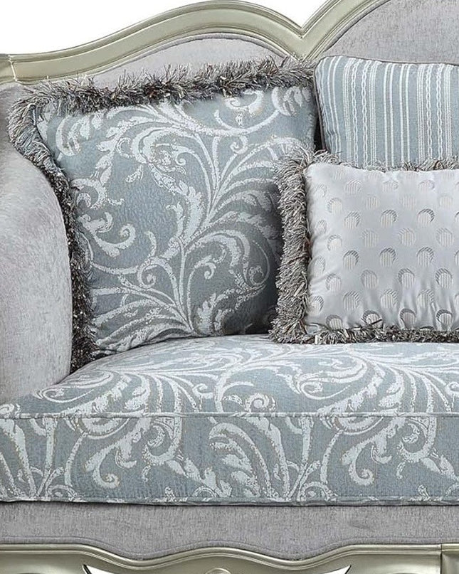 66" Light Gray And Champagne Linen Damask Loveseat and Toss Pillows