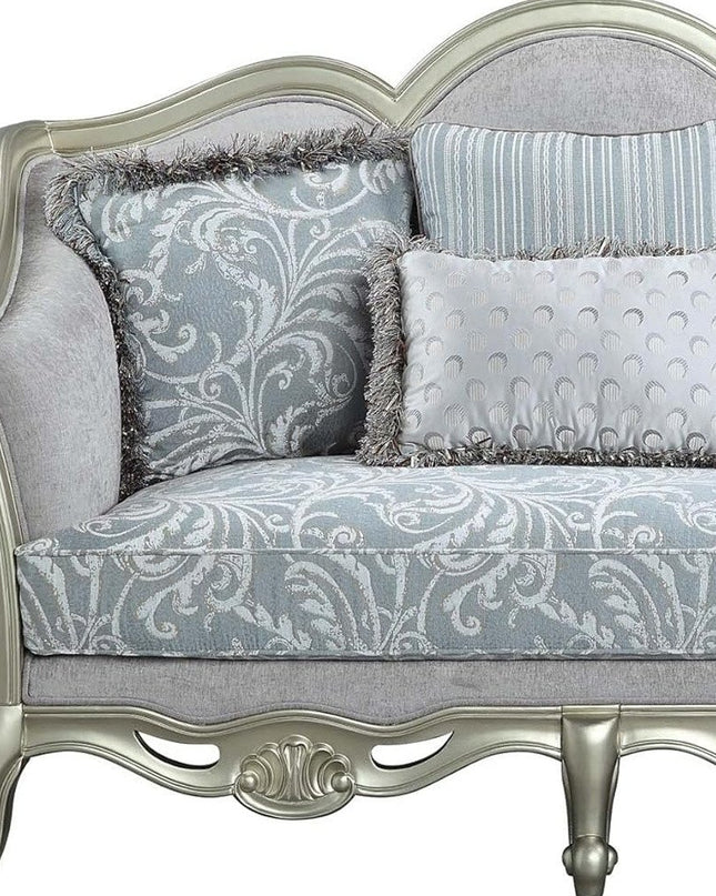 66" Light Gray And Champagne Linen Damask Loveseat and Toss Pillows