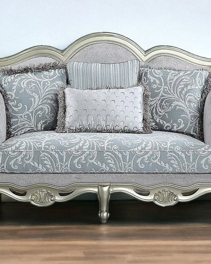66" Light Gray And Champagne Linen Damask Loveseat and Toss Pillows