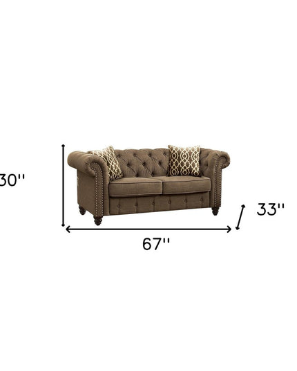 67" Brown And Dark Brown Linen Loveseat