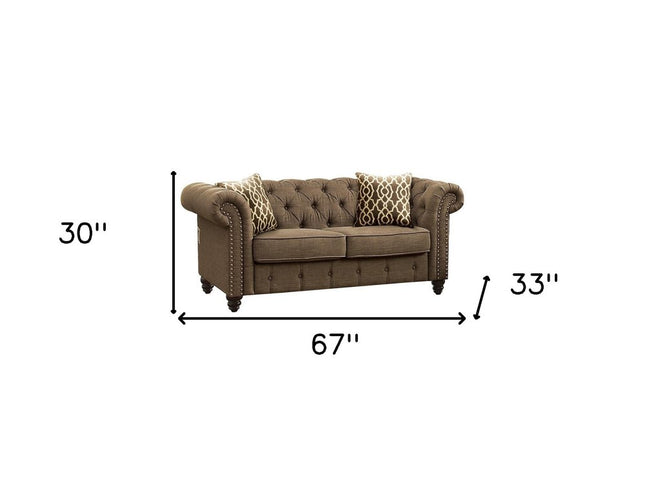 67" Brown And Dark Brown Linen Loveseat