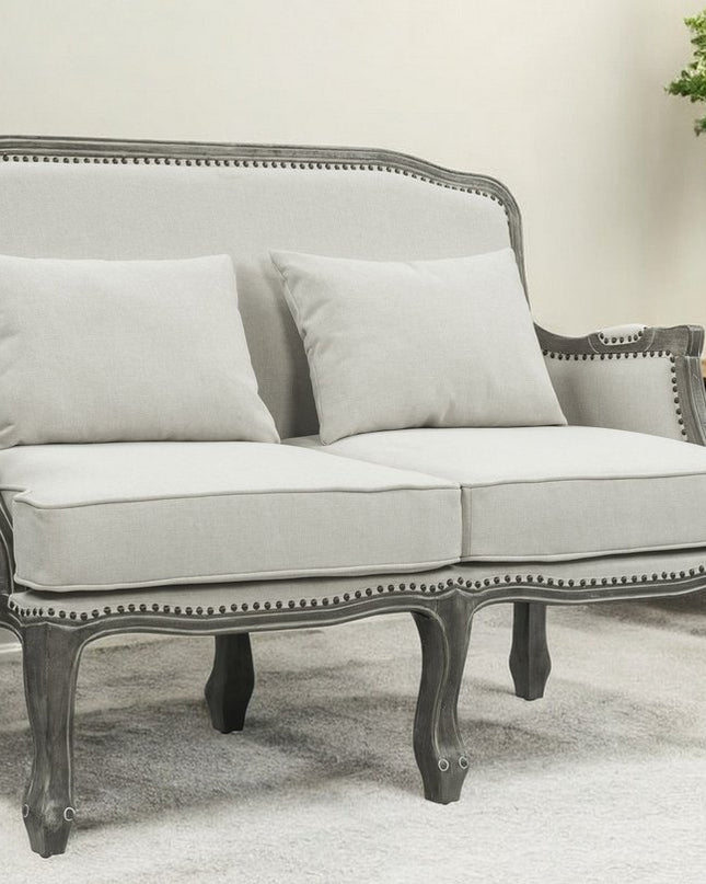 56" Cream And Gray Linen Loveseat and Toss Pillows
