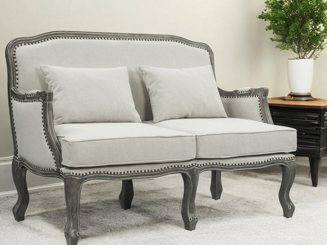 56" Cream And Gray Linen Loveseat and Toss Pillows