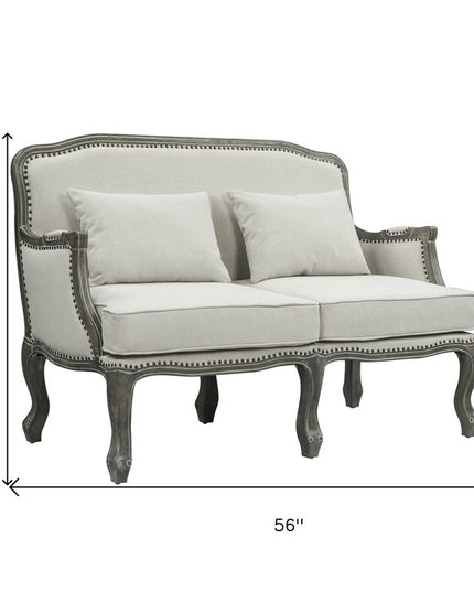 56" Cream And Gray Linen Loveseat and Toss Pillows
