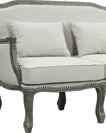 56" Cream And Gray Linen Loveseat and Toss Pillows