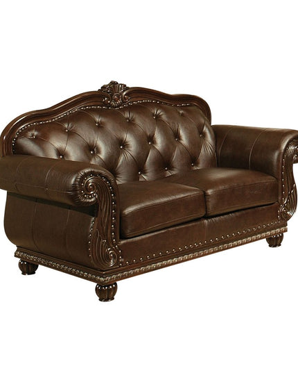 70" Espresso Faux Leather And Black Nailhead Love Seat
