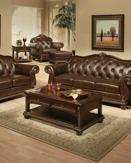 70" Espresso Faux Leather And Black Nailhead Love Seat