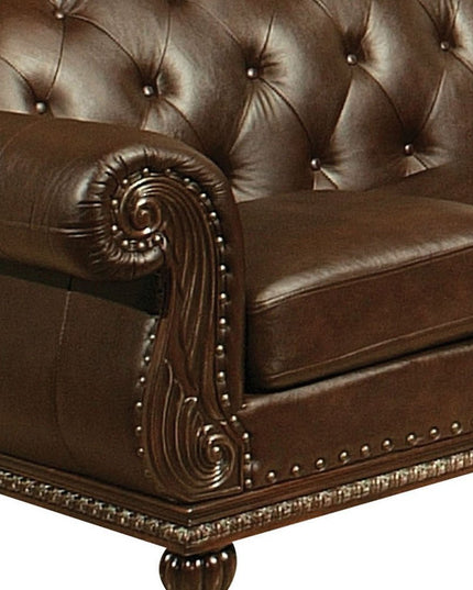 70" Espresso Faux Leather And Black Nailhead Love Seat