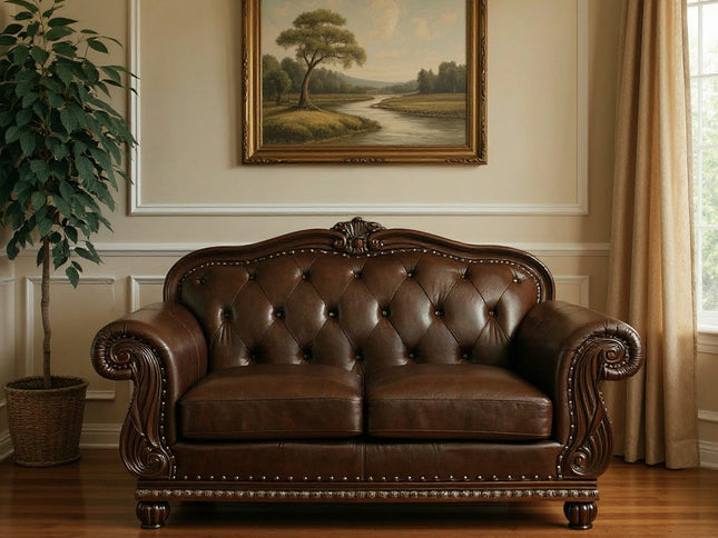 70" Espresso Faux Leather And Black Nailhead Love Seat