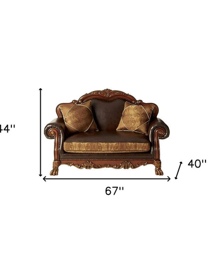 67" Brown And Redwood Faux Leather Loveseat and Toss Pillows