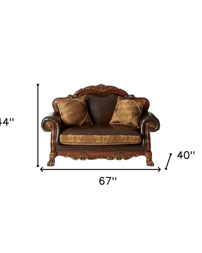 67" Brown And Redwood Faux Leather Loveseat and Toss Pillows