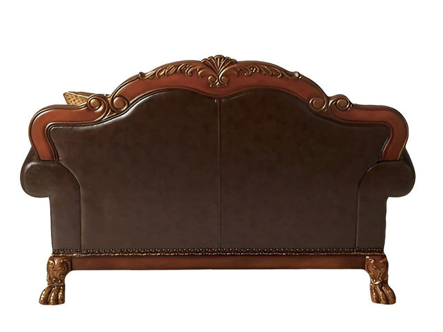 67" Brown And Redwood Faux Leather Loveseat and Toss Pillows