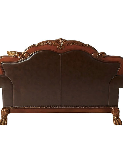 67" Brown And Redwood Faux Leather Loveseat and Toss Pillows