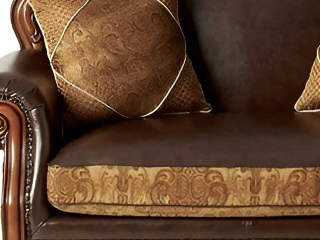 67" Brown And Redwood Faux Leather Loveseat and Toss Pillows