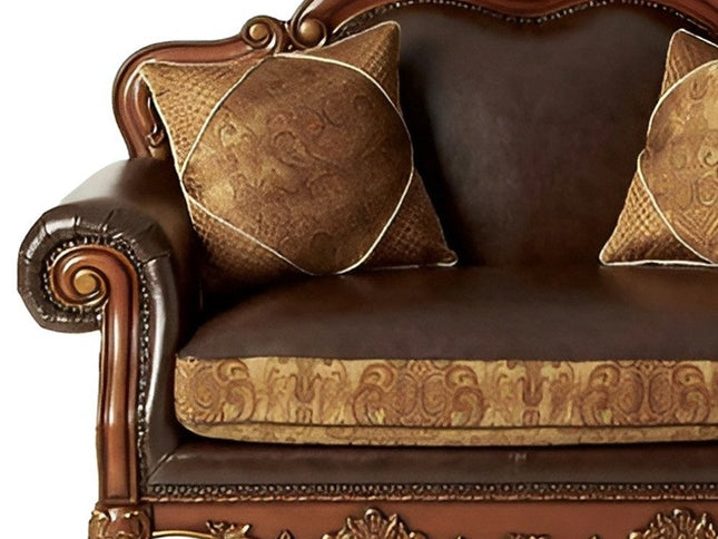 67" Brown And Redwood Faux Leather Loveseat and Toss Pillows