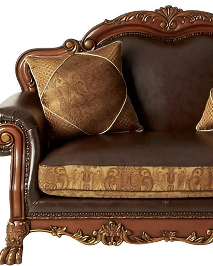 67" Brown And Redwood Faux Leather Loveseat and Toss Pillows