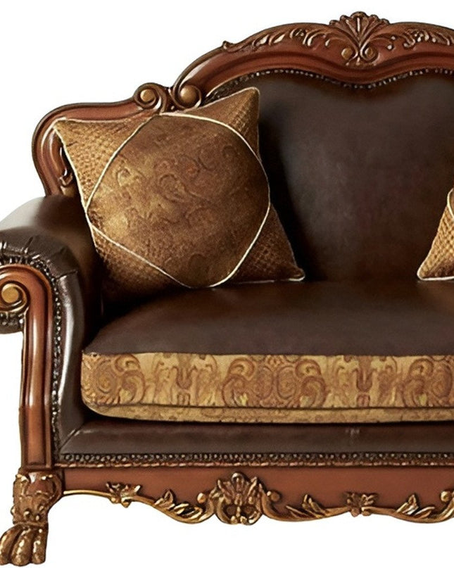 67" Brown And Redwood Faux Leather Loveseat and Toss Pillows