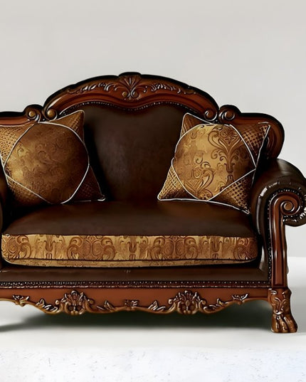 67" Brown And Redwood Faux Leather Loveseat and Toss Pillows