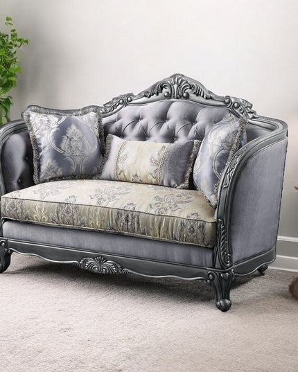 65" Gray And Platinum Silk Blend Loveseat and Toss Pillows