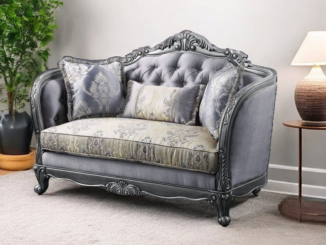 65" Gray And Platinum Silk Blend Loveseat and Toss Pillows