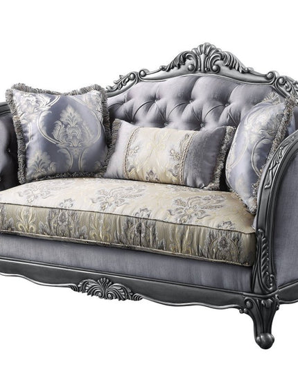 65" Gray And Platinum Silk Blend Loveseat and Toss Pillows