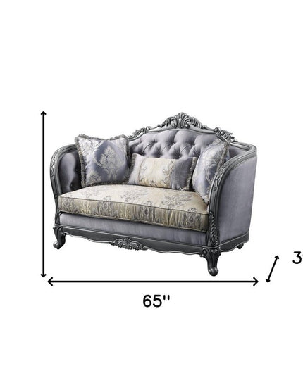 65" Gray And Platinum Silk Blend Loveseat and Toss Pillows