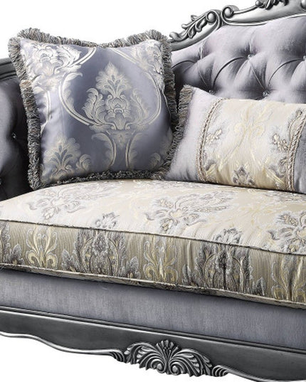 65" Gray And Platinum Silk Blend Loveseat and Toss Pillows