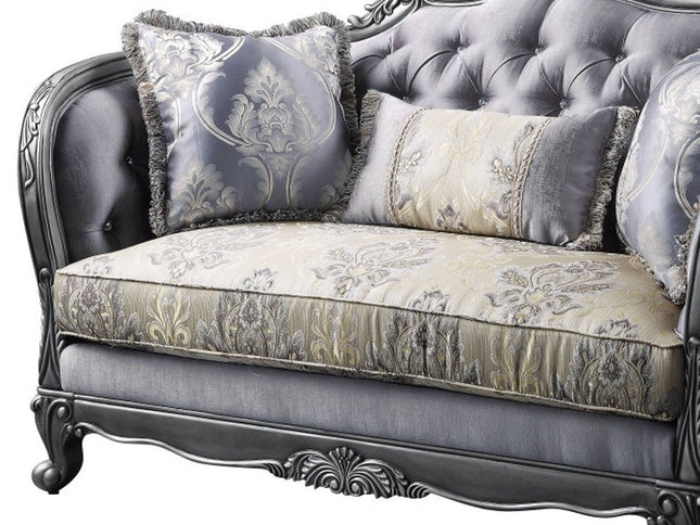 65" Gray And Platinum Silk Blend Loveseat and Toss Pillows
