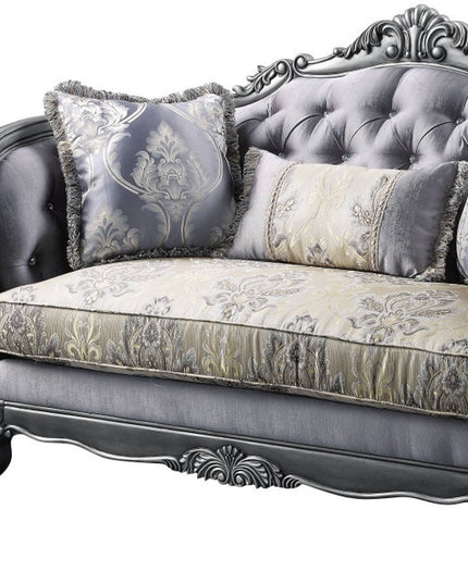 65" Gray And Platinum Silk Blend Loveseat and Toss Pillows