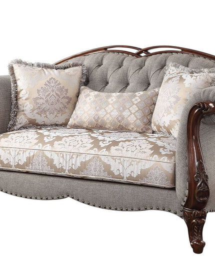 72" Beige And Dark Brown Linen Loveseat and Toss Pillows