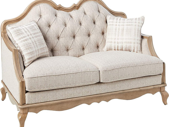 62" Beige And Brown Linen Loveseat and Toss Pillows
