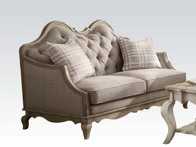 62" Beige And Brown Linen Loveseat and Toss Pillows