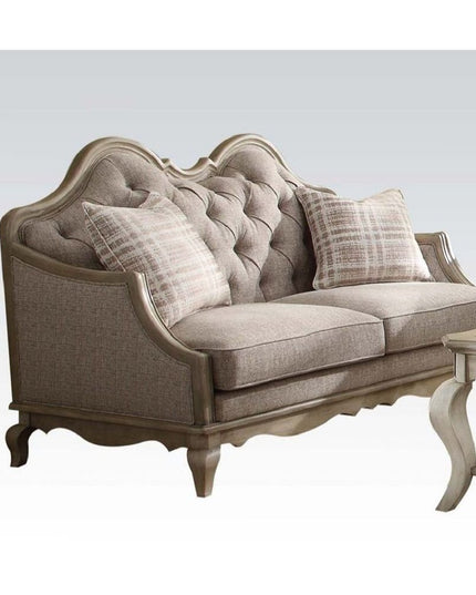 62" Beige And Brown Linen Loveseat and Toss Pillows