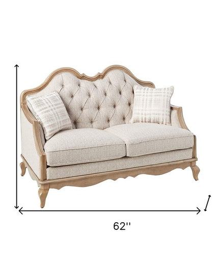 62" Beige And Brown Linen Loveseat and Toss Pillows