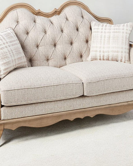 62" Beige And Brown Linen Loveseat and Toss Pillows