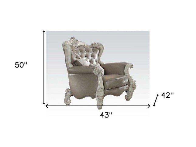 43" Gray and Bone Faux Leather Tufted Chesterfield Chair And Toss Pillows