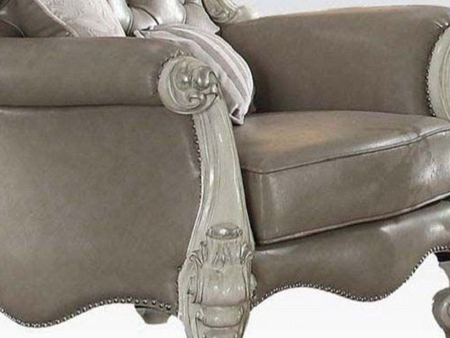 43" Gray and Bone Faux Leather Tufted Chesterfield Chair And Toss Pillows