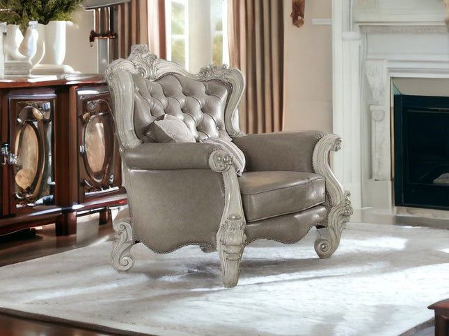 43" Gray and Bone Faux Leather Tufted Chesterfield Chair And Toss Pillows