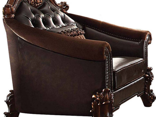 43" Dark Brown Faux Leather Tufted Chesterfield Chair And Toss Pillow