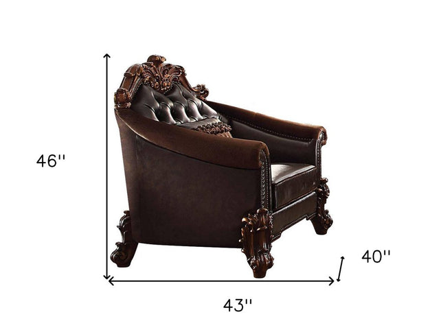 43" Dark Brown Faux Leather Tufted Chesterfield Chair And Toss Pillow