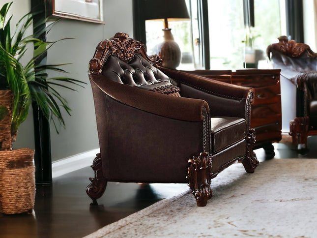 43" Dark Brown Faux Leather Tufted Chesterfield Chair And Toss Pillow