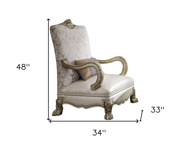 34" Pearl and Gold Faux Leather Floral Arm Chair And Toss Pillow