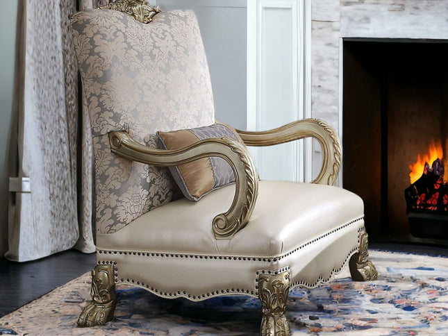 34" Pearl and Gold Faux Leather Floral Arm Chair And Toss Pillow