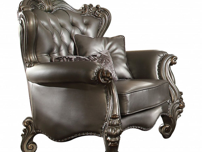 44" Silver and Platinum Faux Leather Tufted Wingback Chair And Toss Pillows
