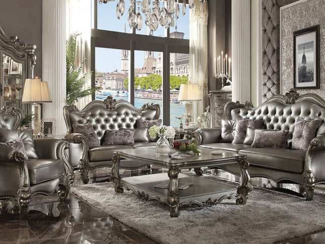 44" Silver and Platinum Faux Leather Tufted Wingback Chair And Toss Pillows