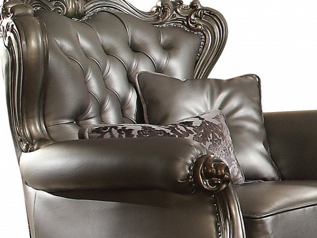 44" Silver and Platinum Faux Leather Tufted Wingback Chair And Toss Pillows